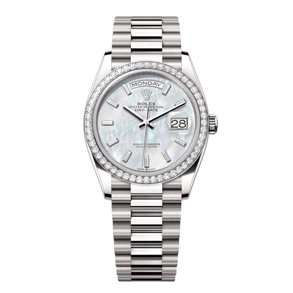 Rolex Day-Date 36 Reference 128349RBR-0049 White Mother-of-Pearl Diamond Dial White Gold President Bracelet