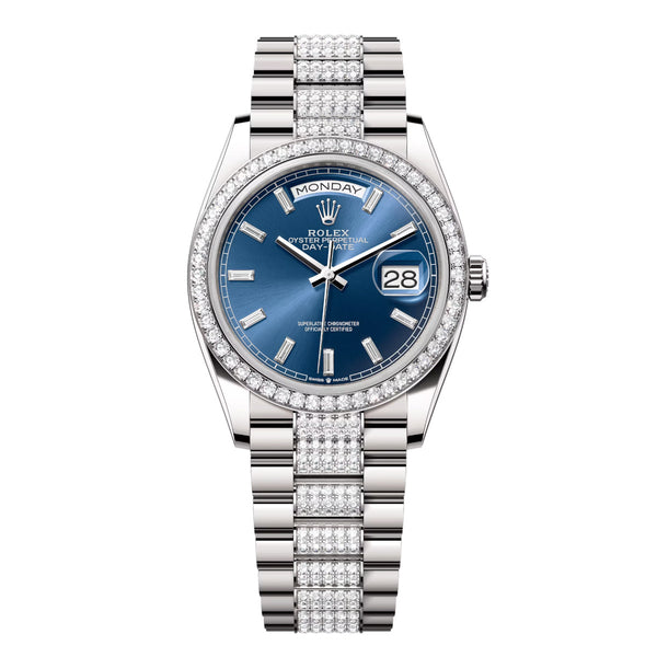 Rolex Day-Date 36 Reference 128349RBR-0052 Bright Blue Diamond Dial White Gold President Bracelet