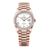 Rolex Day-Date 36 Reference 128395TBR-0022 Everose Gold Diamond Bezel White Roman Numeral Dial President Bracelet