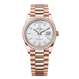 Rolex Day-Date 36 128395TBR-0026 Everose Gold Diamond Bezel White Mother-of-Pearl Dial President Bracelet