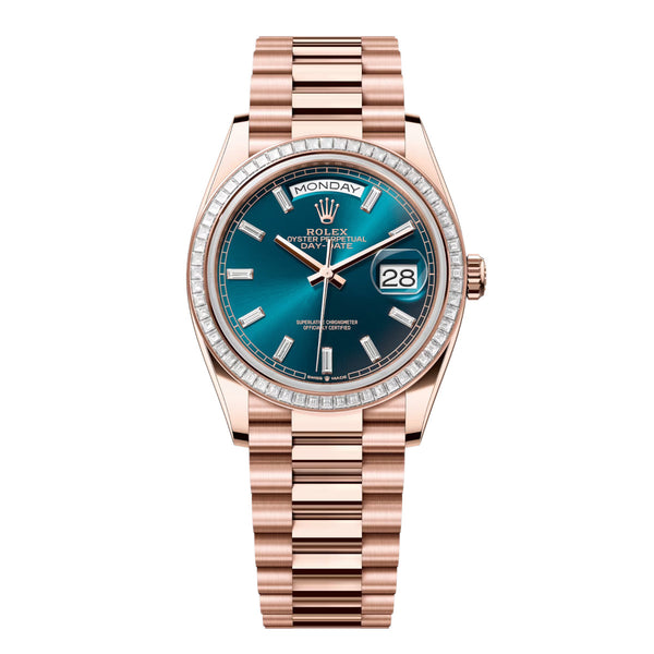 Rolex Day-Date 36 Reference 128395TBR-0032 Blue-Green Diamond Dial Everose Gold President Bracelet