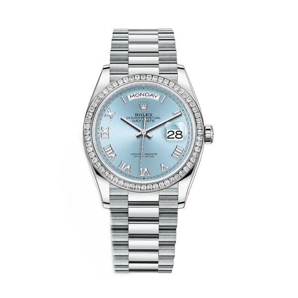 Rolex Day-Date 128396TBR 36mm Platinum President Bracelet Ice Blue Dial Diamond Bezel