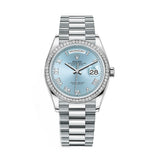 Rolex Day-Date 128396TBR 36mm Platinum President Bracelet Ice Blue Dial Diamond Bezel