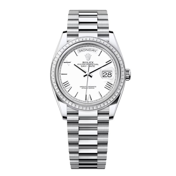 Rolex Day-Date 36 Platinum Diamond Bezel White Roman Numeral Dial President Bracelet 128396TBR-0018
