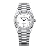 Rolex Day-Date 36 Platinum Diamond Bezel White Roman Numeral Dial President Bracelet 128396TBR-0018