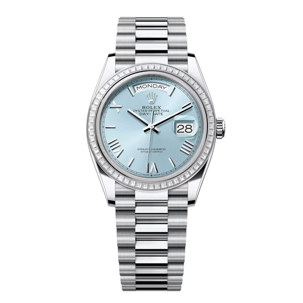 Rolex Day-Date 36 Reference 128396TBR-0019 Ice Blue Dial Diamond Bezel Platinum President Bracelet