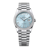 Rolex Day-Date 36 Reference 128396TBR-0019 Ice Blue Dial Diamond Bezel Platinum President Bracelet