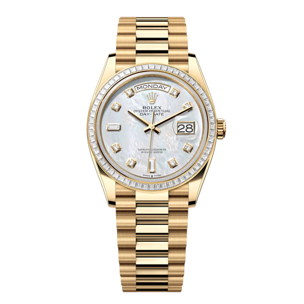Rolex Day-Date 36 Reference 128398TBR-0004 Yellow Gold Diamond Bezel White Mother-of-Pearl Dial President Bracelet