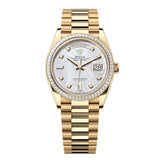 Rolex Day-Date 36 Reference 128398TBR-0004 Yellow Gold Diamond Bezel White Mother-of-Pearl Dial President Bracelet