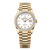Rolex Day-Date 36 Reference 128398TBR-0016 White Dial Diamond Bezel Yellow Gold President Bracelet