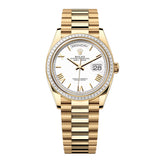 Rolex Day-Date 36 128398TBR-0026 White Roman Numeral Dial Diamond Bezel Yellow Gold President Bracelet