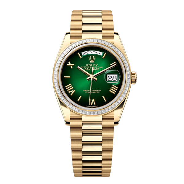 Rolex Day-Date 36 Reference 128398TBR-0028 Green Ombré Dial Diamond Bezel Yellow Gold President Bracelet