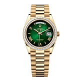 Rolex Day-Date 36 Reference 128398TBR-0028 Green Ombré Dial Diamond Bezel Yellow Gold President Bracelet
