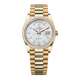 Rolex Day-Date 36 128398TBR-0030 White Mother-of-Pearl Diamond Dial Yellow Gold President Bracelet