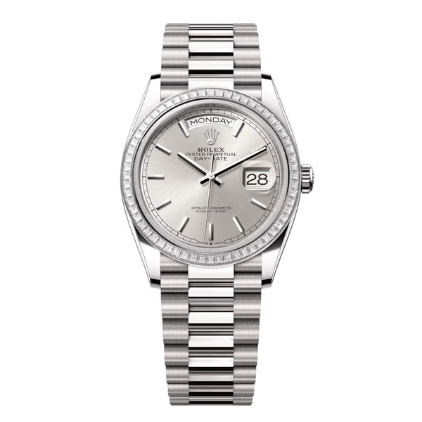 Rolex Day-Date 36 Reference 128399TBR-0001 Silver Dial Diamond Bezel White Gold President Bracelet