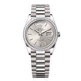 Rolex Day-Date 36 Reference 128399TBR-0001 Silver Dial Diamond Bezel White Gold President Bracelet