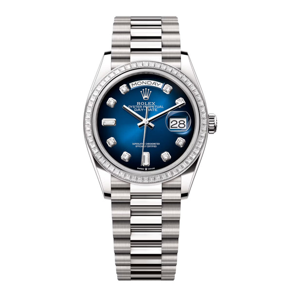 Rolex Day-Date 36 Reference 128399TBR-0007 Blue Ombré Diamond Dial White Gold President Bracelet