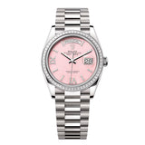 Rolex Day-Date 36 Reference 128399TBR-0009 Pink Opal Dial Diamond Bezel White Gold President Bracelet