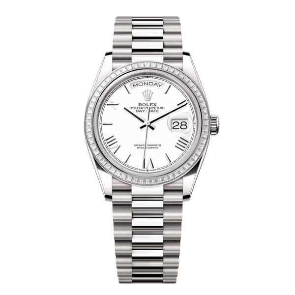 Rolex Day-Date 36 Reference 128399TBR-0019 White Dial Diamond Bezel 18kt White Gold President Bracelet