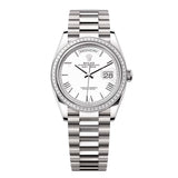 Rolex Day-Date 36 Reference 128399TBR-0019 White Dial Diamond Bezel 18kt White Gold President Bracelet