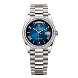 Rolex Day-Date 36 Reference 128399TBR-0021 Blue Ombré Dial Diamond Bezel White Gold President Bracelet