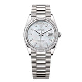 Rolex Day-Date 36 128399TBR-0023 White Mother-of-Pearl Diamond Dial White Gold President Bracelet
