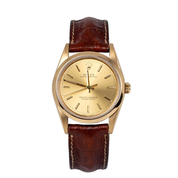 Rolex Oyster Perpetual 14208 34mm 18K Yellow Gold Champagne Dial Brown Leather Strap