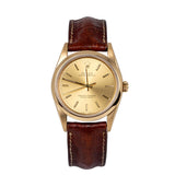 Rolex Oyster Perpetual 14208 34mm 18K Yellow Gold Champagne Dial Brown Leather Strap