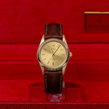 Rolex Oyster Perpetual 14208 34mm 18K Yellow Gold Champagne Dial Brown Leather Strap