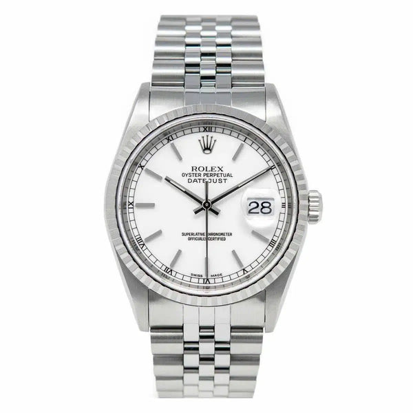 Rolex Datejust 36 Reference 16220 White Stick Dial Stainless Steel Jubilee Bracelet