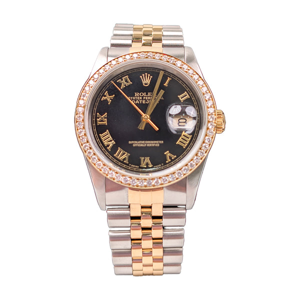 Rolex Datejust 16233 Black Roman Dial with Aftermarket Diamond Bezel