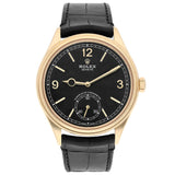 Rolex 1908 52508-0002 Yellow Gold Fluted Bezel Black Dial Leather Strap Watch 39mm