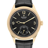 Rolex 1908 52508-0002 Yellow Gold Fluted Bezel Black Dial Leather Strap Watch 39mm