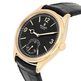 Rolex 1908 52508-0002 Yellow Gold Fluted Bezel Black Dial Leather Strap Watch 39mm