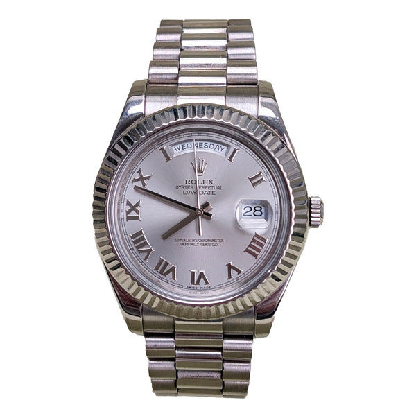 Rolex Day-Date II 218239 18k White Gold Fluted Bezel Rhodium Roman Dial 41mm