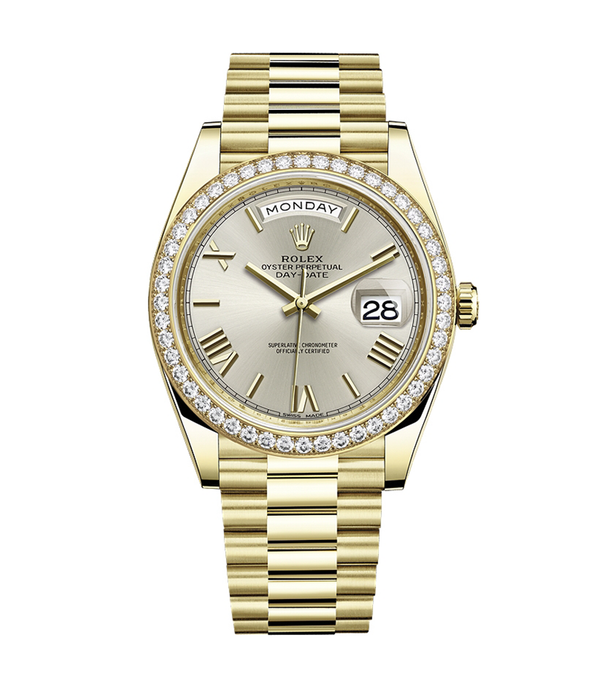 Rolex Day-Date 40 228348RBR-0007 Silver Bevelled Roman Dial Diamond Bezel 18kt Yellow Gold President Bracelet 40mm