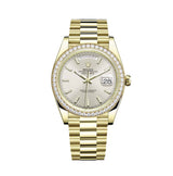 Rolex Day-Date 40 228348RBR-0005 Silver Diagonal Motif Dial Diamond Bezel 18kt Yellow Gold President Bracelet 40mm
