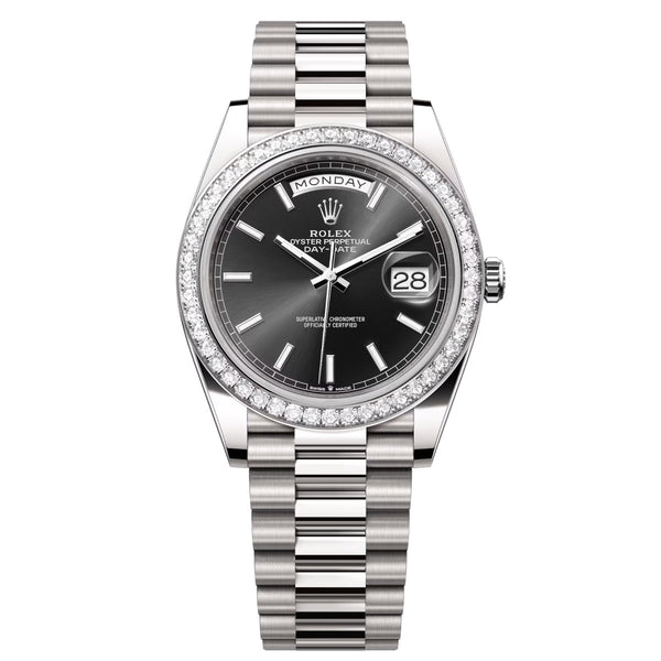 Rolex Day-Date 40 228349RBR-0002 Bright Black Dial Diamond Bezel 18kt White Gold President Bracelet