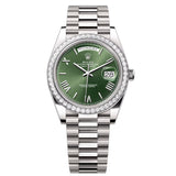 Rolex Day-Date 40 Reference 228349RBR-0030 Olive Green Dial Diamond Bezel White Gold President Bracelet