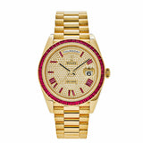 Rolex Day-Date 40 228398TRU Diamond Paved Dial Ruby Bezel Yellow Gold President Watch