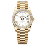 Rolex Day-Date 40 228398TBR-0033 White Roman Numeral Dial Diamond Bezel Yellow Gold President Watch