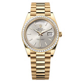 Rolex Day-Date 40 228398TBR-0040 Silver Dial Diamond Bezel Yellow Gold President Watch