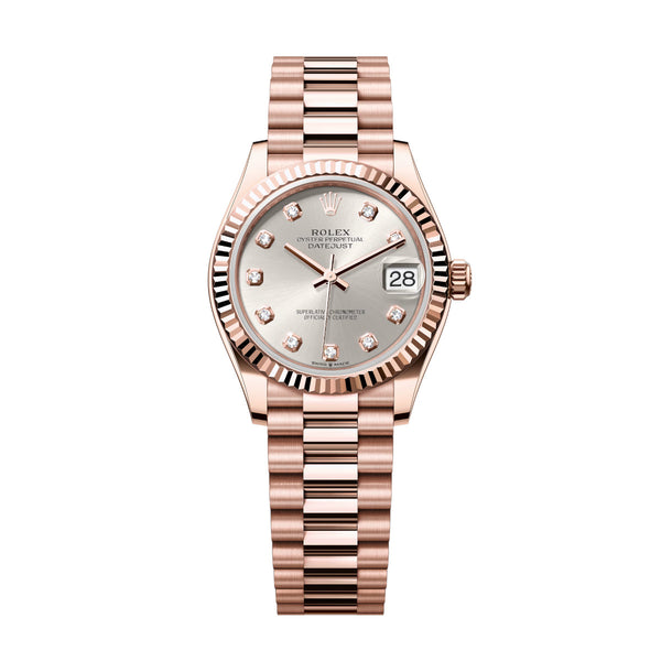 Rolex Datejust 278275-0039 31mm 18kt Everose Gold Silver Diamond-Set Dial Fluted Bezel President Bracelet