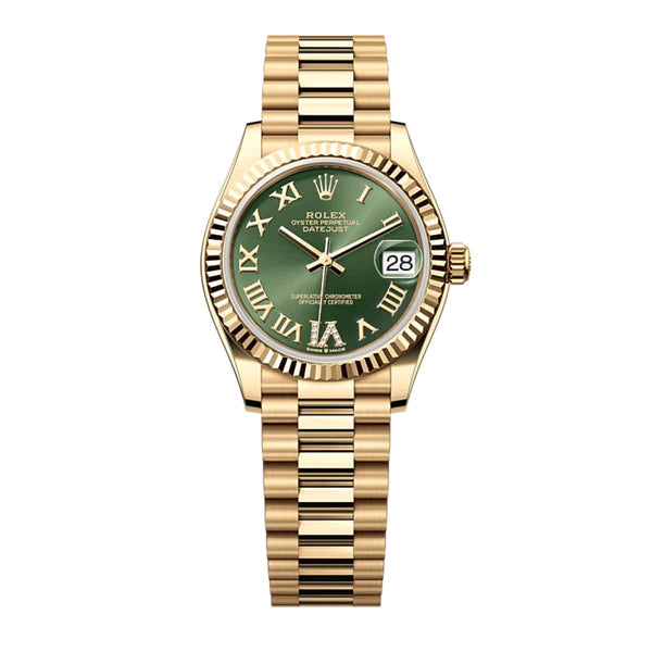 Rolex Datejust 31 278278-0030 Olive Green Diamond Dial Yellow Gold President Bracelet