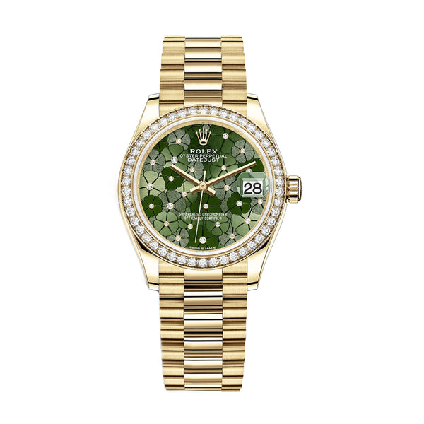 Rolex Datejust 31 278288RBR-0038 Olive Green Floral Diamond Dial 18kt Yellow Gold President Bracelet