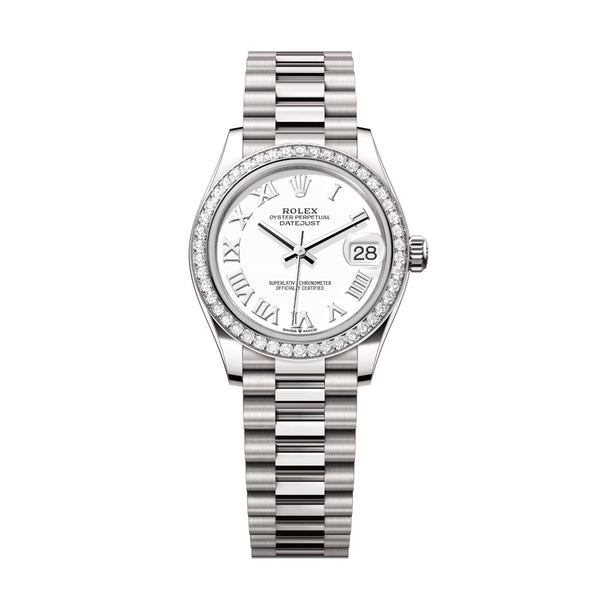 Rolex Datejust 31 278289RBR-0007 White Roman Numeral Dial Diamond Bezel 18kt White Gold President Watch