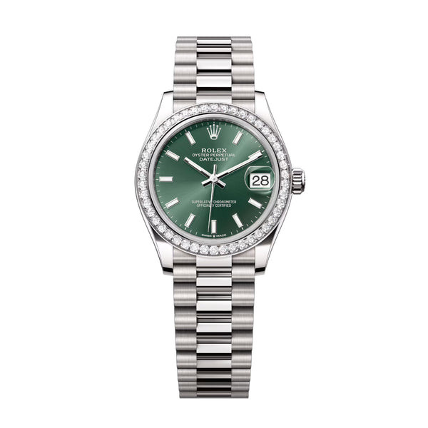 Rolex Datejust 31 278289RBR-0015 Mint Green Dial Diamond Bezel 18kt White Gold President Bracelet