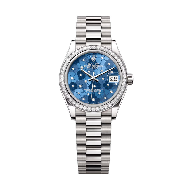 Rolex Datejust 31 278289RBR-0025 Azzurro Blue Floral Diamond Dial 18kt White Gold President Watch