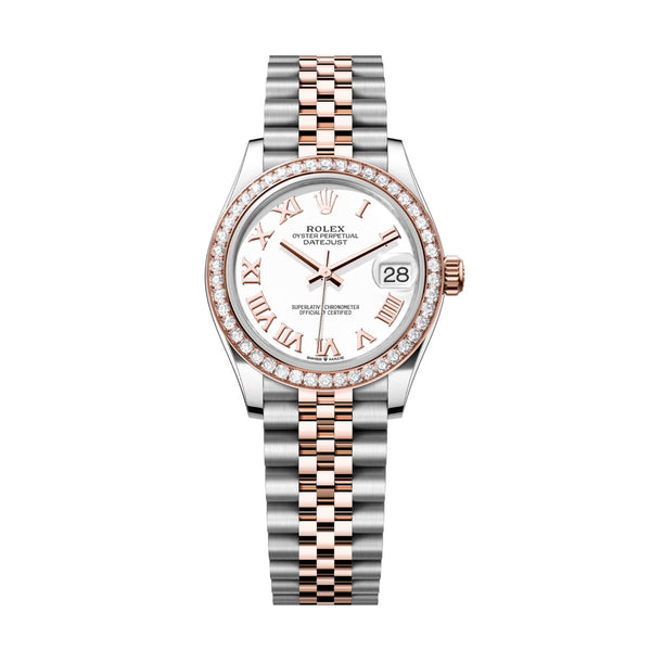 Rolex Datejust 31 278381RBR-0004 White Roman Dial Diamond Bezel Everose Rolesor Jubilee Bracelet