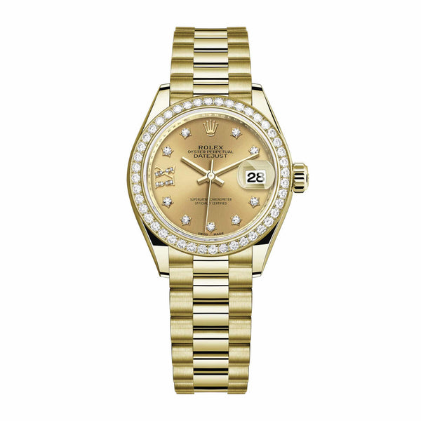Rolex Lady-Datejust 279138RBR 28mm Yellow Gold Diamond Dial and Diamond Bezel President Bracelet